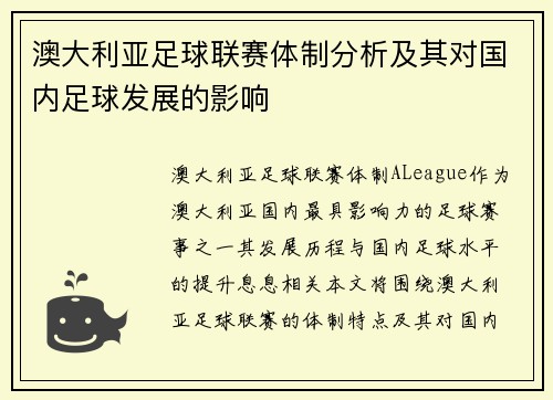澳大利亚足球联赛体制分析及其对国内足球发展的影响