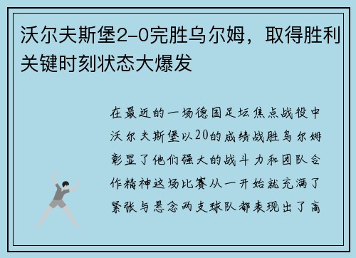 沃尔夫斯堡2-0完胜乌尔姆，取得胜利关键时刻状态大爆发