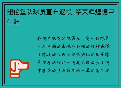纽伦堡队球员宣布退役_结束辉煌德甲生涯