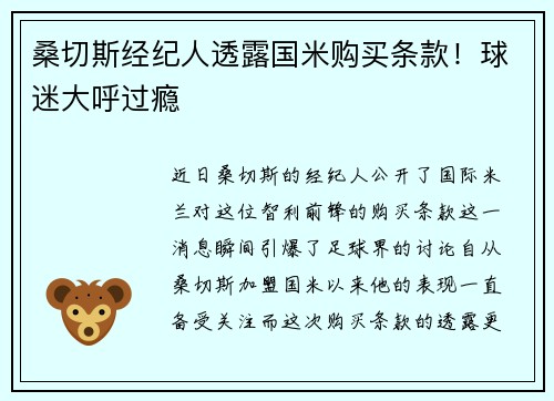 桑切斯经纪人透露国米购买条款！球迷大呼过瘾